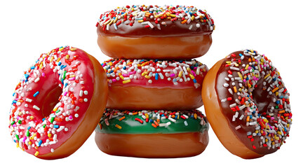 A Stack of Sweetness: A tempting array of four assorted donuts, each glazed and sprinkled with colorful sugar, create a delightful visual treat. The donuts are stacked in a pyramid shape.