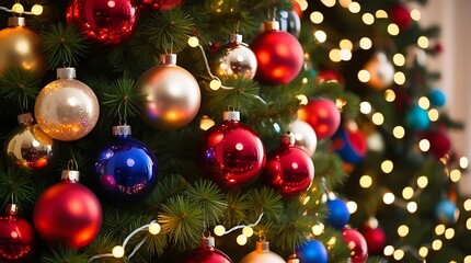 Festive Christmas tree decorated with shiny red, blue, gold, and silver ornaments, glowing fairy lights, and evergreen branches, creating a joyful and magical holiday atmosphere

