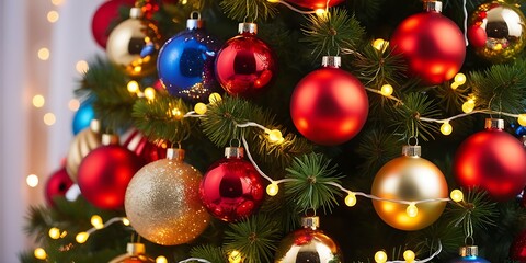 Naklejka premium Festive Christmas tree decorated with shiny red, blue, gold, and silver ornaments, glowing fairy lights, and evergreen branches, creating a joyful and magical holiday atmosphere