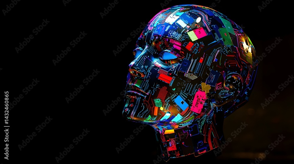 Poster futuristic ai humanoid head with neon lights and circuit patterns in digital art style