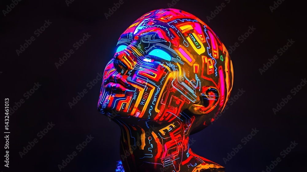 Aufkleber futuristic ai humanoid head with neon lights and circuit patterns in digital art style