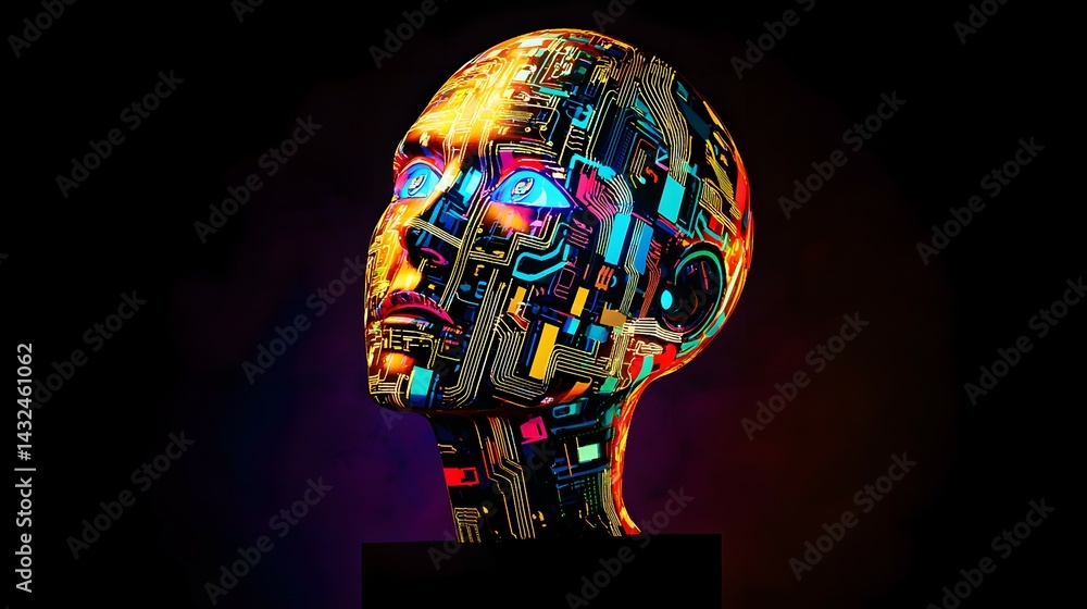 Aufkleber futuristic ai humanoid head with neon lights and circuit patterns in digital art style