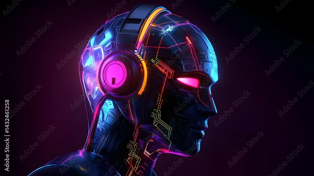 Aufkleber futuristic ai humanoid head with neon lights and circuit patterns in digital art style