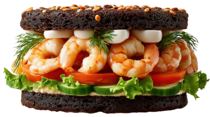 Gourmet Shrimp Sandwich Delight: A mouthwatering gourmet shrimp sandwich is meticulously crafted with fresh ingredients and rich textures, a culinary masterpiece for food lovers.