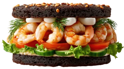 Poster Restaurant Gourmet Shrimp Sandwich Delight: A mouthwatering gourmet shrimp sandwich is meticulously crafted with fresh ingredients and rich textures, a culinary masterpiece for food lovers.  © yeewa