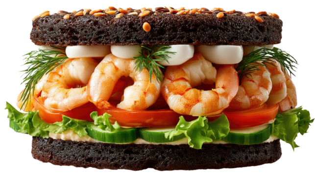 Gourmet Shrimp Sandwich Delight: A mouthwatering gourmet shrimp sandwich is meticulously crafted with fresh ingredients and rich textures, a culinary masterpiece for food lovers.
