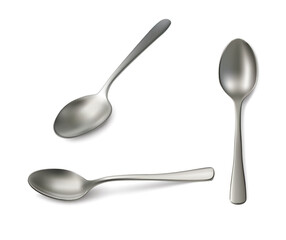 3d realistic vector icon illustration. Silver spoon in different views. Isolated on white background.
