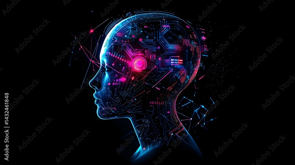 Aufkleber futuristic ai humanoid head with neon lights and circuit patterns in digital art style