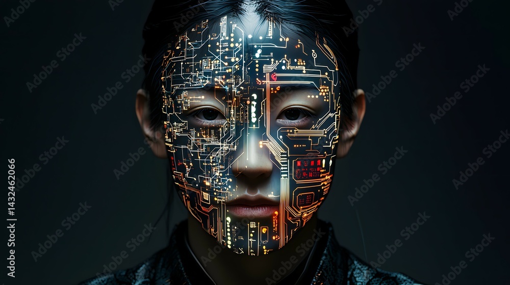 Aufkleber futuristic ai humanoid head with neon lights and circuit patterns in digital art style