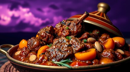 Fototapeta premium 3D-rendered Moroccan tagine with slow-cooked lamb, apricots, almonds, and spices. Deep ultraviolet hues, vivid purples, high contrast, stormy skies, high tension