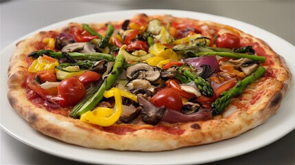 Close up of a vegetable pizza with asparagus tomatoes mushrooms and peppers on a white plate surface