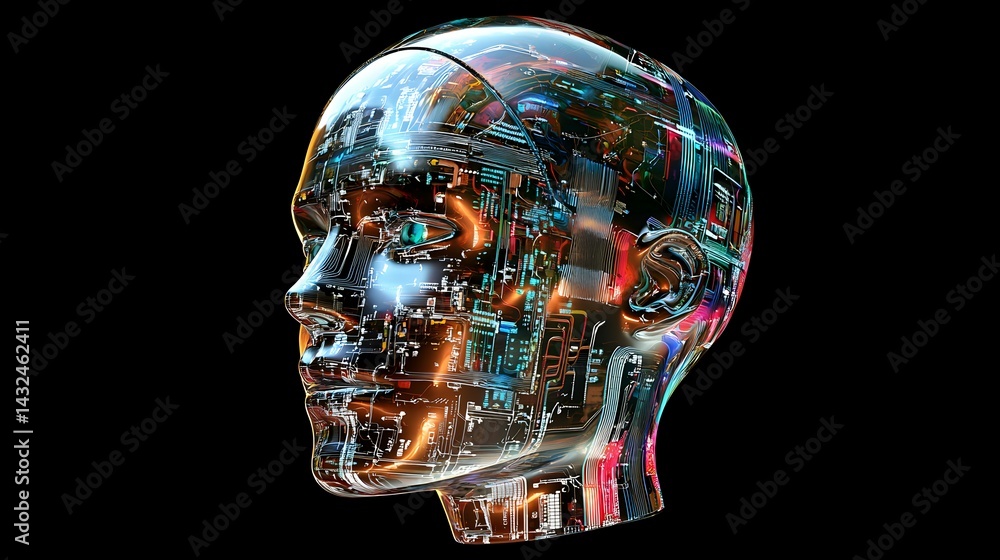 Poster futuristic ai humanoid head with neon lights and circuit patterns in digital art style
