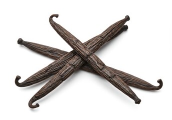 Obraz premium Aromatic vanilla beans rich dark brown crisscrossed isolated on a pure white background showcasing their intense flavor and natural beauty