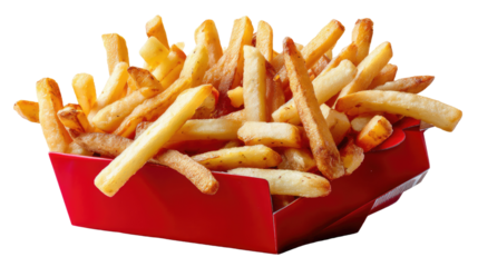 Golden Fries Temptation: A generous serving of crispy, golden french fries spilling from a vibrant red container, inviting you with their irresistible appeal