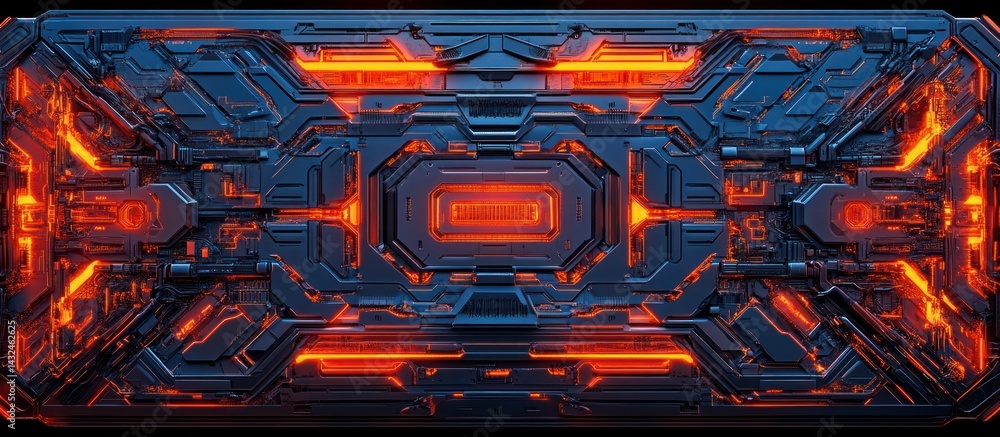 Poster complex technological structure displaying intricate details and vibrant lights