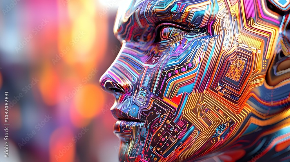 Aufkleber futuristic ai humanoid head with neon lights and circuit patterns in digital art style