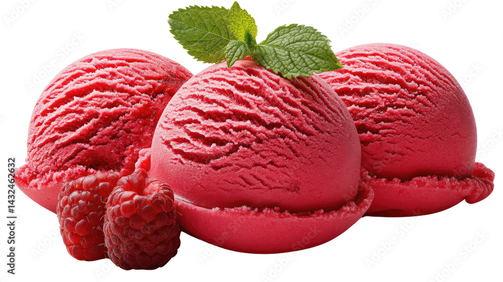 Poster raspberry ice cream: a tempting display of vibrant, fruity ice cream scoops, adorned with fresh rasp