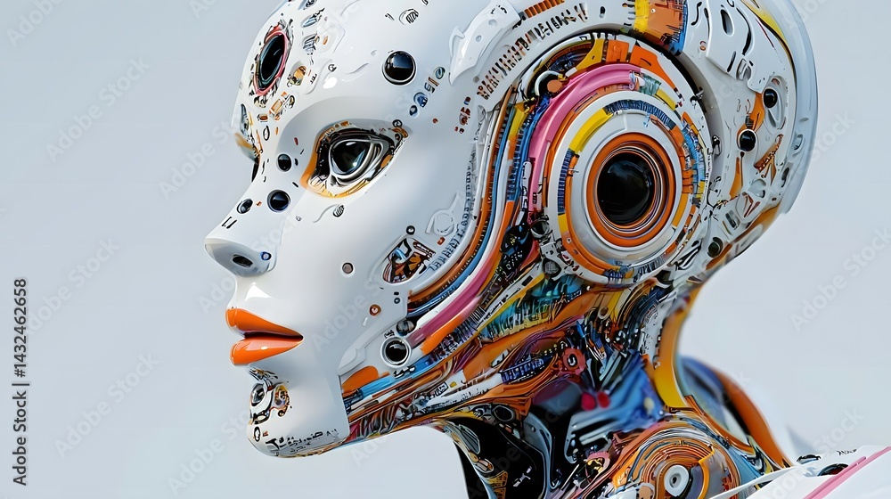 Aufkleber futuristic ai humanoid head with neon lights and circuit patterns in digital art style