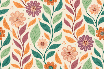 Create a simple, seamless 60s-style naive pattern featuring whimsical white flowers on a vibrant background. Include a repeating motif.