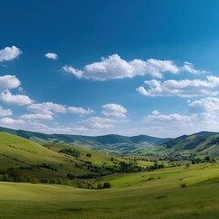 Fototapeta premium panorama of beautiful countryside of romania. sunny afternoon. wonderful springtime landscape in mountains. grassy field and rolling hills. rural scenery.