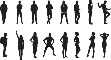 Flat vector silhouettes of casually dressed men and women standing in different full-body poses, solid black figures isolated on white background for creative design