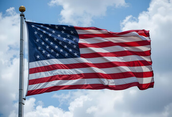 American flag waving in the breeze, blue sky, fluffy clouds, vibrant red white and blue.