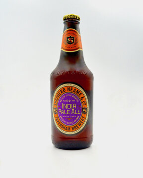 Sydney, Australia. April 2025. A closeup of a bottle of Shepherd Neame India Pale Ale isolated against a white background. 