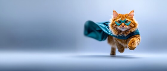 A fluffy orange cat, costumed, wearing a mask and cape, appears to be running on a solid color backdrop