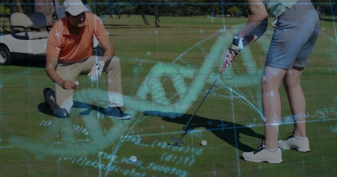 golf coach instructing student on putting green, with tech overlay including DNA helix and metrics