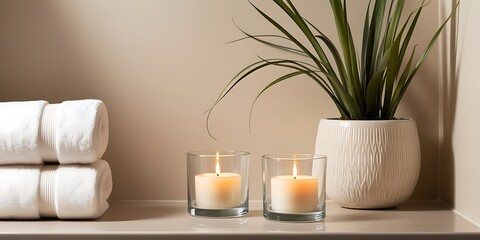 Serene spa-like bathroom scene with two lit candles in glass holders, a potted green plant, rolled white towels, and a modern sink, evoking a peaceful, luxurious, and relaxing atmosphere

