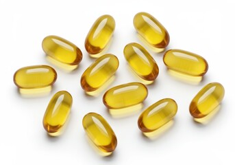 Golden Omega 3 capsules for health benefits scattered on white background showcasing a healthy lifestyle choice with vibrant yellow hues