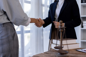 Close up shot of two business women making handshake with partner, greeting, dealing, merger and...