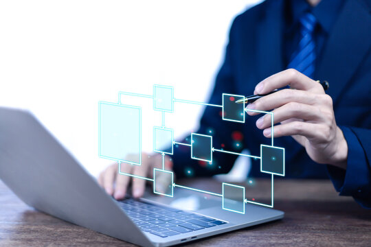 
Business process diagram, white background. Automation workflow design concept with process diagram, algorithm, process flow diagram, work structure model, digital