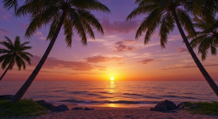 Tropical Beach Sunset with Palm Trees and Golden Sky Reflection