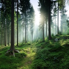 Obraz premium Panoramic wallpaper background of forest woods (Black Forest) landscape panorama - Mixed forest fir and spruce trees, lush green moss, blueberries and path with sunshine sunbeams.
