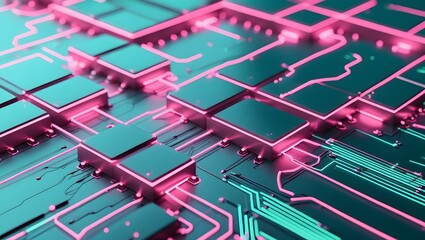 Glowing pink green circuit chip background with abstract 3D tech structure