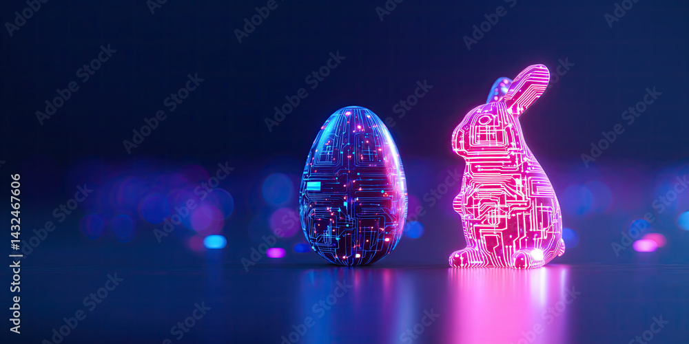 Aufkleber futuristic easter egg and bunny with glowing circuit patterns in neon light
