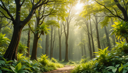 A sunbeam pierces a misty forest, illuminating a path winding through tall trees and vibrant green foliage.  The scene evokes serenity and the beauty of nature.