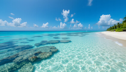 tropical beach with blue sky and clouds