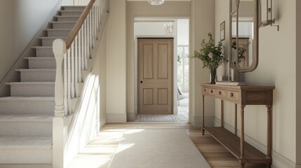 Sunlit hallway, stairs, console table, interior design