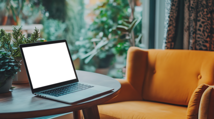 Modern Workspace with a Laptop with Transparent PNG Screen on Table, Offering Ample Copy Space for Personalized Branding and Advertisement