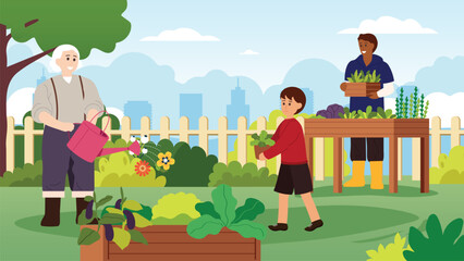 Happy family  a senior man, a woman and a child, gardening together in a greenhouse, taking care of  flower plants and smiling.