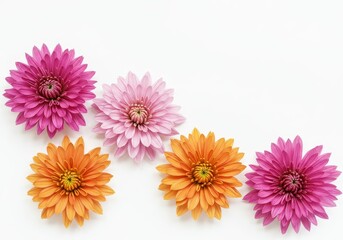 Vibrant pink orange and light pink chrysanthemum blossoms arranged on a white background showcasing their delicate petals and rich colors