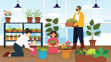 Happy family  a senior man, a woman and a child, gardening together in a greenhouse, taking care of  flower plants and smiling.