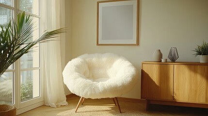 Elegant modern living room with fluffy armchair, wooden commode, and mock-up poster frame. 