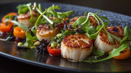 Close up of seared scallops with greens and tomatoes on a dark plate presented with elegance and style
