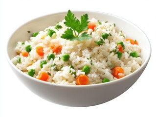 Rice with peas and carrots in bowl isolated on white background