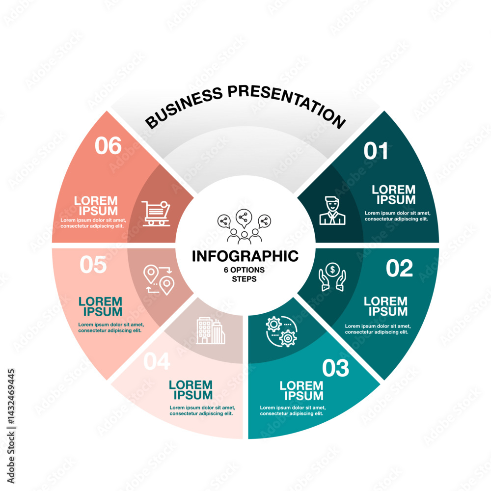Poster infographic circular diagram with 6 options. round chart that can be used for business analytics, da