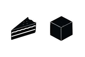 Black And White Isometric Cake Slice And Cube Minimalist Illustration