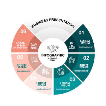 Infographic circular diagram with 6 options. Round chart that can be used for business analytics, data visualization and presentation. Vector illustration eps